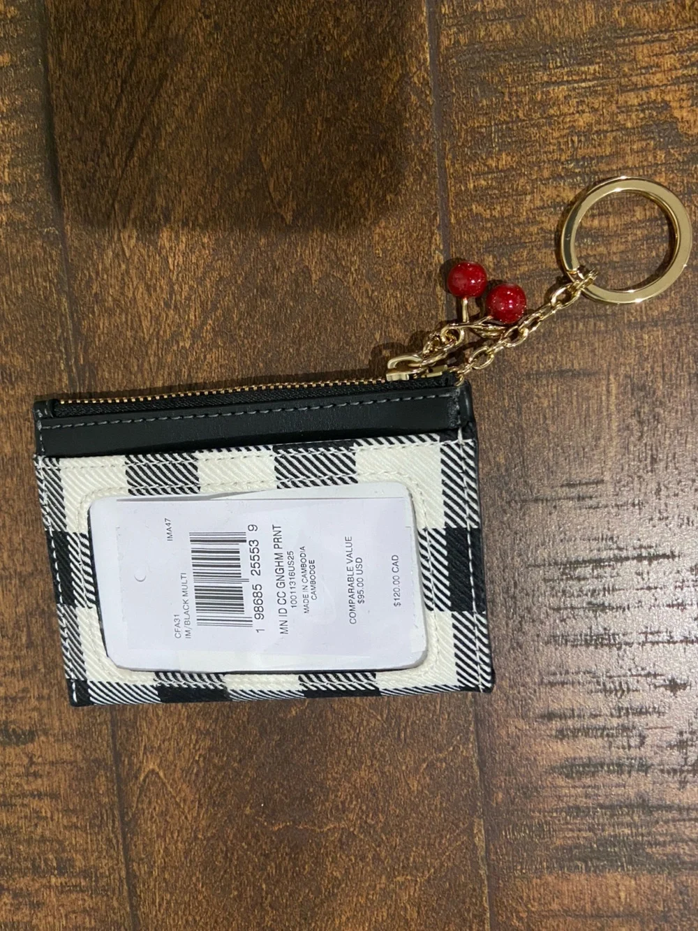 Coach Mini Skinny ID Case Black and White Gingham Print with Cherry Charm